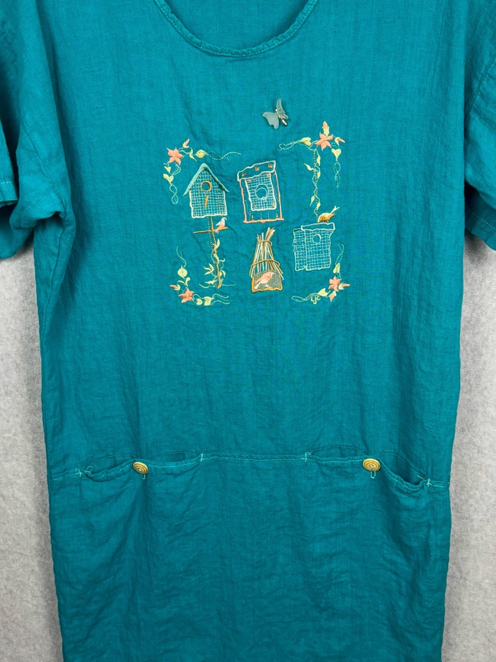 VTG Liz & Jane Teal Linen Embroidered Tunic Dress Women’s Medium Birdhouse